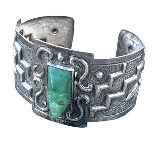 Tobias A. Signed Mexican Variscite Vintage 800 Silver & Green Stone Tribal Cuff